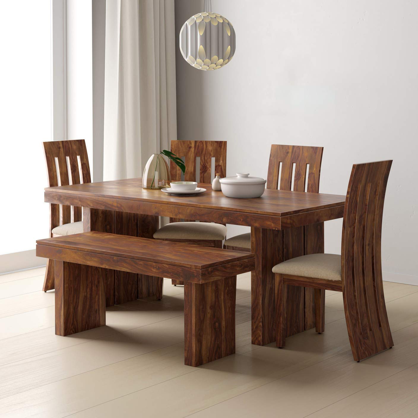 Sheesham Wood Dining Set Six Seater With Bench